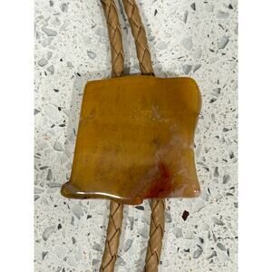 Vtg BOLO Neck Tie-Polished Topaz Color Stone-Cream Braided Leather/Silver Tips